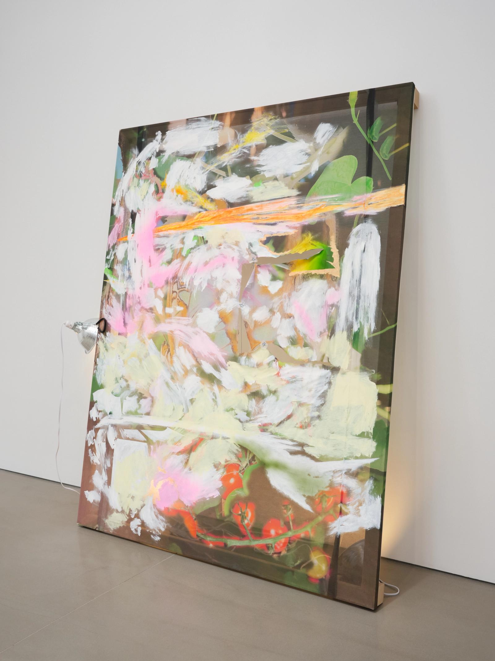 Kai Oh, The Final Chapter, 2024. Acrylic on digitally printed silk cotton, wooden stretcher, thread, poplar wood, yellow bond, clamp lights, 62 × 78 × 21 in. Photo: Charlie Rubin