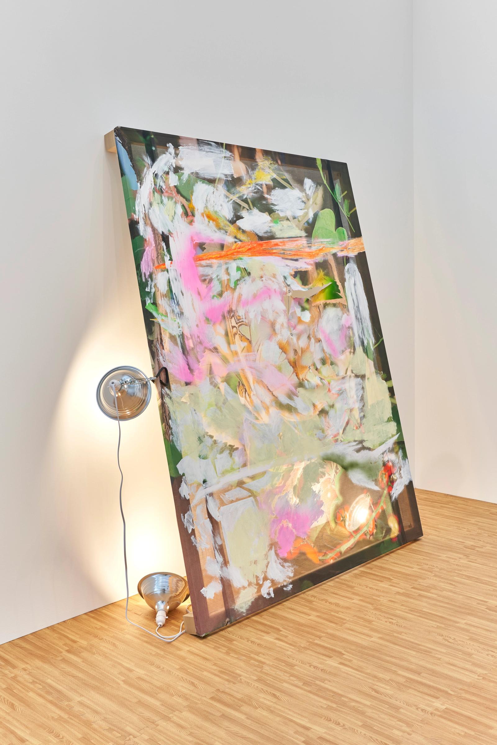 Kai Oh, The Final Chapter, 2024, Acrylic on digital printed silk cotton, wooden stretcher, thread, poplar, yellow bond, and clamp lights, 62 x 78 x 21 in